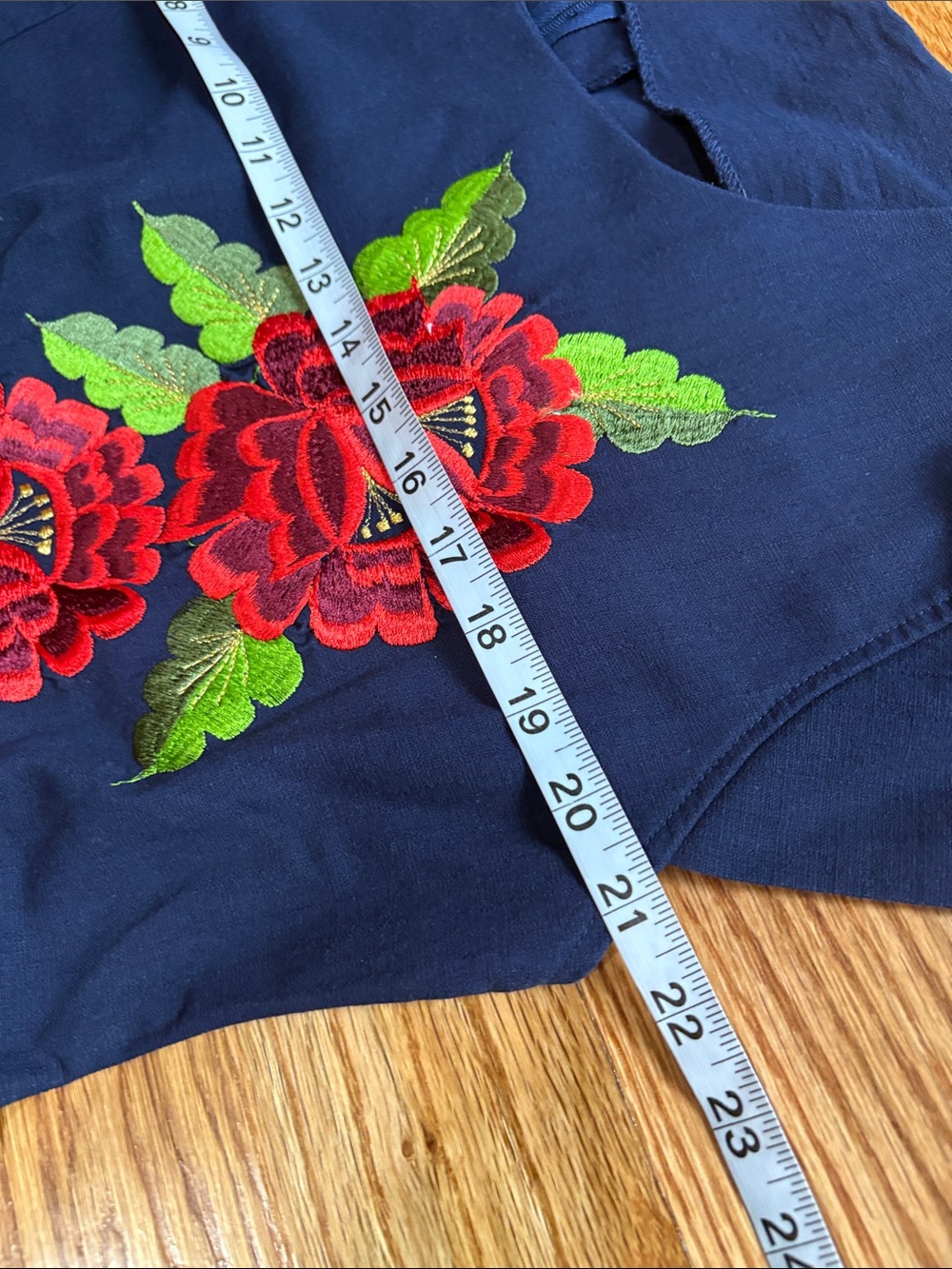 Navy bright red green Floral Embroidered Shift Dress cap sleeve zip back L / XL - Picture 6 of 9